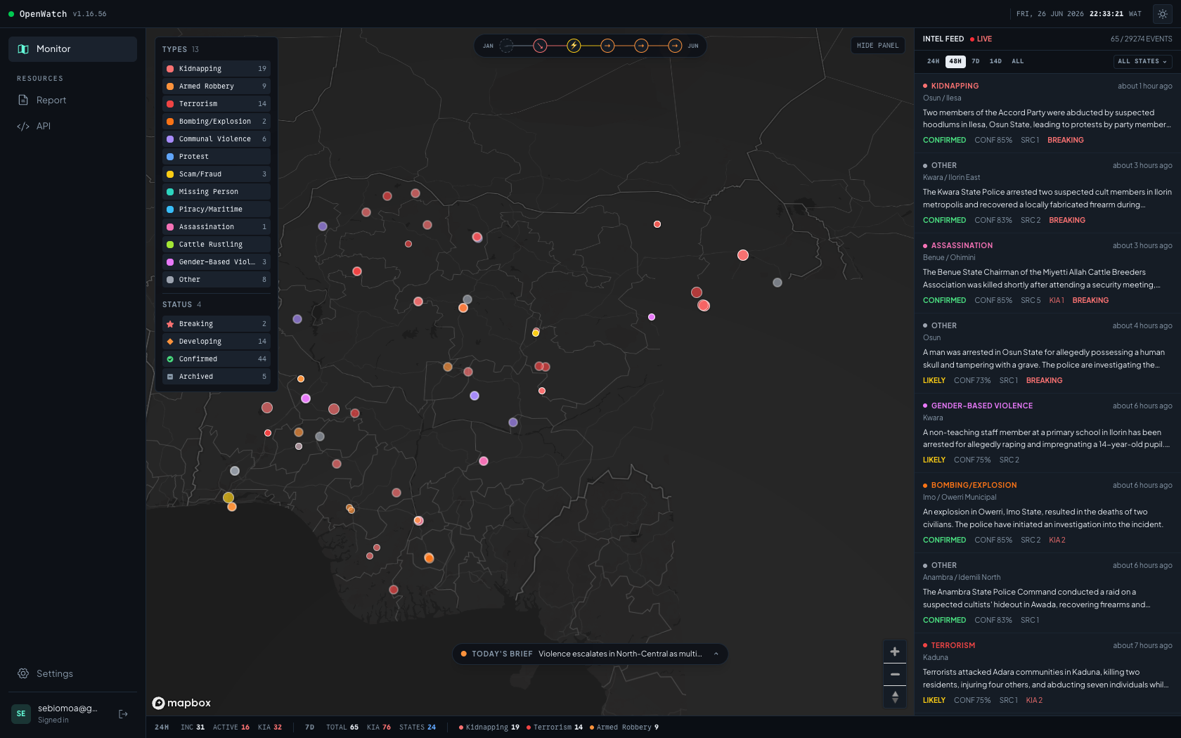 The OpenWatch live incident map showing security incidents plotted across Nigeria, with category filters and a real-time intel feed.